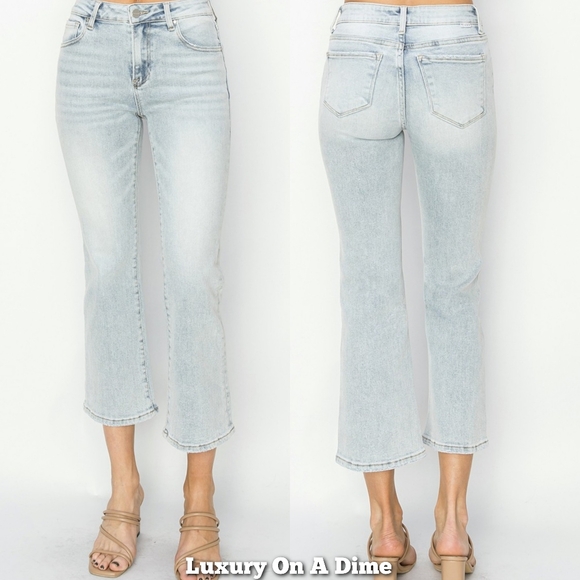RISEN High-Rise Waist Skinny Fit Denim Pants Cropped Wide Flare Hem Blue Jeans - Picture 1 of 16